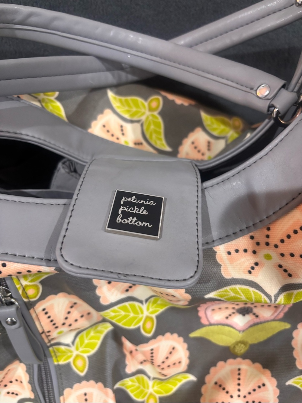 Petunia Pickle Bottom Gray Floral Sashay Satchel with Pink & Lime Accents